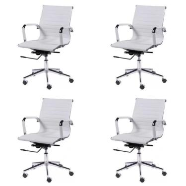 Imagem de Conjunto 4 Cadeiras de Escritório Com Rodízios Esteirinha Baixa Corino Or Design Branco