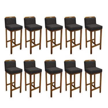 Imagem de Kit 10 Banqueta Alta Com Encosto Simon Balcão Base Madeira Rústico Suede Cinza