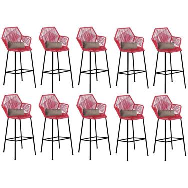 Imagem de Kit 10 Banqueta Alta Com Encosto Balcão Ferro Preto Fibra Vermelho Almofada Sintético Bege