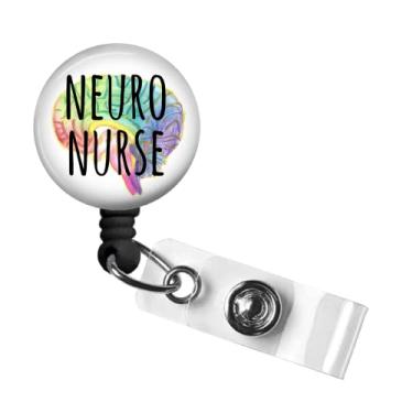 Imagem de Carretel de crachá Neuro Nurse, suporte de crachá de identificação retrátil, carretel de crachá cerebral em aquarela com clipe jacaré giratório, cabo de nylon de 86 cm para enfermeira médica RN, crachá de identificação, crachá de identificação