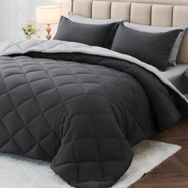 Imagem de MUXHOMO Jogo de cama de solteiro, GG, 5 peças, cama reversível em uma bolsa, tamanho twin GG, todas as estações, lençol de cima, lençol com elástico, fronhas e fronhas, cinza escuro e cinza claro