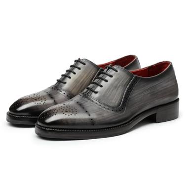 Imagem de Sapato social masculino Lethato Wingtip Brogue Oxford feito à mão de couro legítimo com cadarço, Cinza, 10.5-11