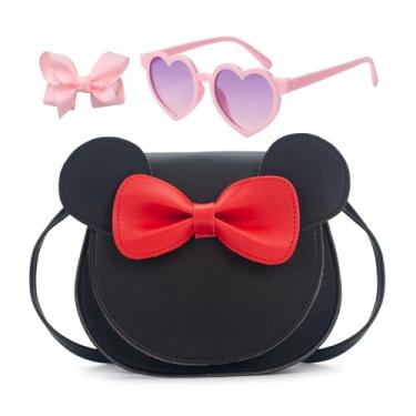 Imagem de LJCTULY Bolsa infantil para meninas - Bolsa tiracolo com laço de orelha de rato pequeno - Bolsa fofa para crianças de 2 a 8 anos - Conjunto de presente de aniversário para meninas (preto)