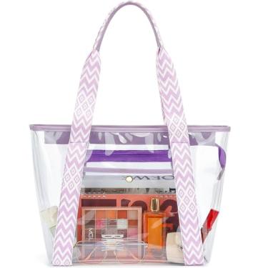 Imagem de Fammart Bolsa de praia transparente para mulheres, bolsa grande transparente para eventos de estádio - Fecho de zíper, impermeável, à prova de areia, Alças Jacquard - Roxo, Large