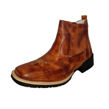 Imagem de Botina Texana Bordada Em Couro Masculina Solado Borracha Costura Manual Puxador Traseiro Premium