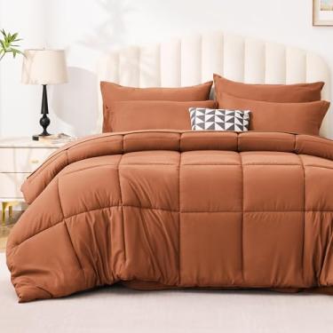 Imagem de Love's cabin Conjunto de edredom California King laranja queimado, 7 peças, cama king size California em uma bolsa, 1 edredom, 1 lençol de cima, 1 lençol com elástico, 2 fronhas e 2 fronhas