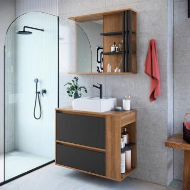 Imagem de Conjunto de Gabinete com Cuba Branca e Armário de Banheiro com Espelho Estela 1 PT 1 GV Mel e Grafite