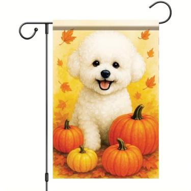 Imagem de Starlit Patio Bandeira de jardim de outono de Ação de Graças Bichon Frise bandeira de cachorro 30,5 x 45,7 cm dupla face branca filhote de cachorro folha de abóbora banner outono decoração ao ar livre