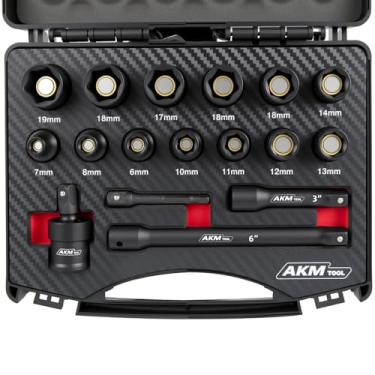 Imagem de AKM TOOL Conjunto de soquetes magnéticos de impacto com acionamento de 17 peças, métrico, 7 mm-19 mm, 6 pontos, Cr-Mo, acionamento quadrado, soquete magnético com junta universal, adaptador de broca e