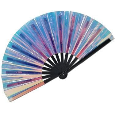 Imagem de dmjuncong 1 ventilador portátil Clack, grande ventilador dobrável de rave, ventilador de mão azul com cores a laser para festivais, roupas de arco-íris, festa discoteca, decoração de casa e muitas