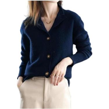 Imagem de Cardigan Sweater Cardigans Mulheres Tendência Designer Cashmere Mulheres Malha Crochê Tops, Navy Blue, XL