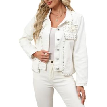 Imagem de Jaqueta Deim Pérolas Wome's Cropped Rhiestoes Jea Blazer Coat, White, XL