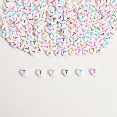 Imagem de 300 contas de letras, 4 x 7 mm contas acrílicas do alfabeto letra T para joias e fabricação de pulseiras (branco e colorido)