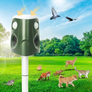 Imagem de Repelente ultrassônico de animais de 360°, dissuasor de esquilos alimentados por energia solar 2024 com sensor de movimento, som e LED piscando, repelente de gato cervo à prova d'água, repelente de