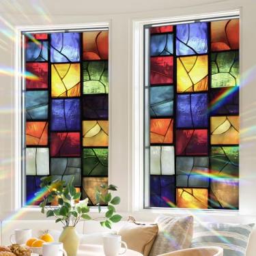 Imagem de BVBOX Película de privacidade para janela 44,5 cm x 99,8 cm, adesivo de película de vitral com bloqueio solar, adesivos decorativos não adesivos para controle de calor de porta doméstica, grade de