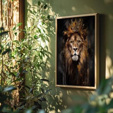 Imagem de Quadro Decorativo Leão Coroa Com Moldura Rei Da Selva Luxo Dourado Arte Impactante Decoração Moderna Sala Quarto Parede