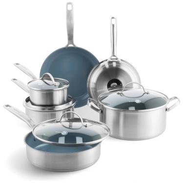 Imagem de Conjunto de Panelas e Frigideiras de Aço Inoxidável 10 Peças com Revestimento Antiaderente Cerâmico Livre de Produtos Químicos, GreenPan,