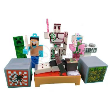 Imagem de Kit Cartelado Conjunto Minecraft 2 Bonecos + 1 Villager + 1 Enderman + 1 Creeper + 1 Cama + Espadas