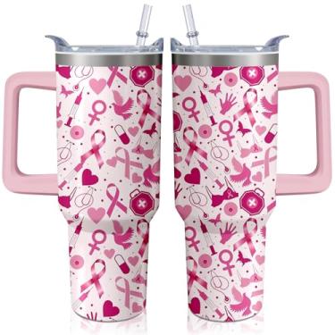 Imagem de Copo de conscientização do câncer de mama de 1,134 g com alça e canudo para mulheres, copo isolado de aço inoxidável com fita rosa, garrafa de água, presente para pacientes sobreviventes