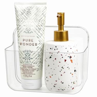 Imagem de Cesto organizador de parede organizador de prateleira de plástico transparente organizador de maquiagem adesivo organizador de geladeira para banheiro, cozinha, armário, despensa, bancadas (C (18 × 13