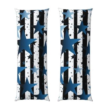 Imagem de Capa de travesseiro corporal com zíper oculto, fronha longa de microfibra macia e respirável para travesseiro corporal, listras azuis pretas brancas e estrelas, capas de travesseiro para cama de