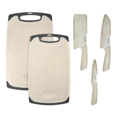 Imagem de Conjunto de 5 peças para cozinha, 3 facas e 2 tábuas de corte, tábua de corte de fibra de palha de trigo, sulco profundo de suco, facas de aço inoxidável, revestimento antiaderente, lâminas