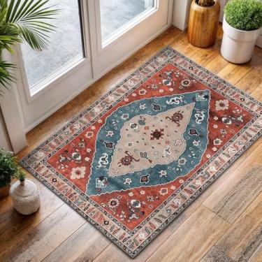 Imagem de CAMILSON Tapete lavável à máquina 5 x 7 cm vermelho fino envelhecido medalhão vintage durável e fácil de limpar tapete para sala de estar, quarto, sala de jantar, uso interno (2 x 3 vermelhos)