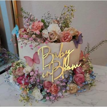 Imagem de Topo de bolo dourado Baby in Bloom, placa de bolo de chá de bebê, revelação de gravidez, decorações laterais de bolo de chá de bebê acrílico, anúncio de nascimento, enfeite de bolo de bebê