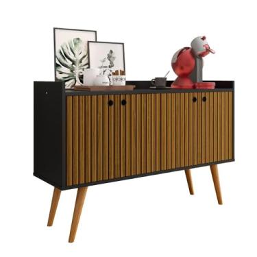 Imagem de Aparador Buffet Dallas Pés Palito Retrô 4 Portas Decoração Sala Jantar Cantinho Café - Preto|Ripado Nature - RPM Móveis