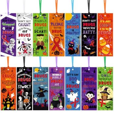 Imagem de AmazingSpark 140 peças fita vermelha semana livre de drogas marcadores de livro Halloween Say Boo to Drogas cartões fantasma esqueleto vampiro bruxa grande com fitas para eventos de caridade públicos