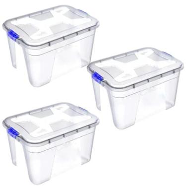 Imagem de Kit 3 caixas Organizadora Multiuso Transparente 56 Litros Trava Azul -