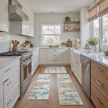 Imagem de GENIMO Conjuntos de 3 tapetes de cozinha antiderrapantes laváveis para chão, tapete de corredor de cozinha abstrato, impermeável, tapete para corredor, lavanderia, pia, entrada, banheiro, mistura