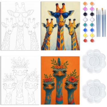 Imagem de WEBEEDY Pacote com 2 telas pré-desenhadas para pintar para adultos iniciantes, kit de pintura em tela pré-esboçada de girafa colorida e avestruz, kit de pintura em tela pré-esboçado de 20 x 25 cm