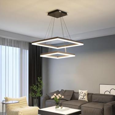 Imagem de Lustre preto, lustre quadrado de teto moderno de 2 luzes para sala de jantar, luminárias suspensas com temperatura de cor e altura lustres ajustáveis para sala de estar, quarto, cozinha 40 + 60 cm
