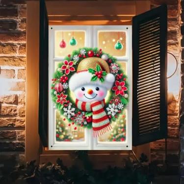 Imagem de BlissYard Capa de janela de Natal, guirlanda de boneco de neve, faixa de janela de feriado, vermelho, verde, dourado, bolas de Natal, fundo de inverno, decoração de parede interna, cena de desenho