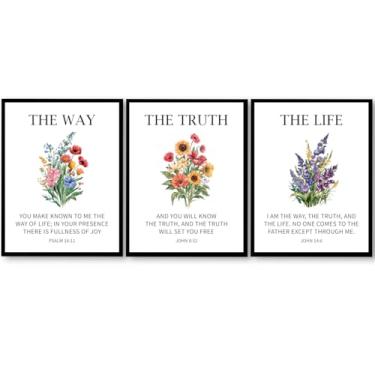 Imagem de Pôster floral com versículo bíblico de 3 peças, The Way The Truth The Life com escrituras impressas, arte de parede para casa, 28 x 35 cm, sem moldura