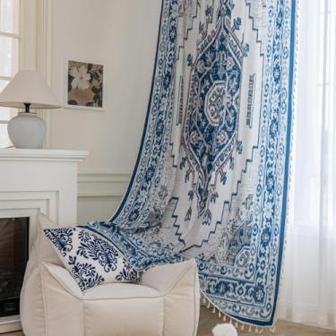 Imagem de Erbnaryx Cortinas estampadas artesanais populares para sala de estar, 137 cm de comprimento, hippie indiano, boêmia e filtro de luz, 2 painéis, azul/branco