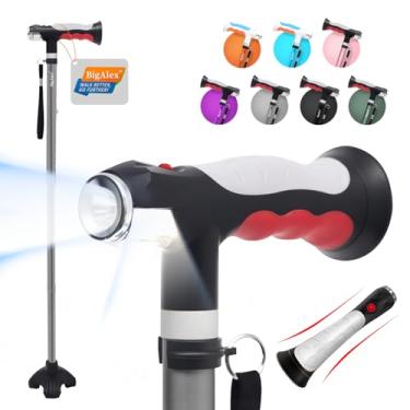 Imagem de BigAlex Bengala de caminhada dobrável com duas luzes de LED para idosos base sólida ajustável com bolsa de transporte para homens e mulheres