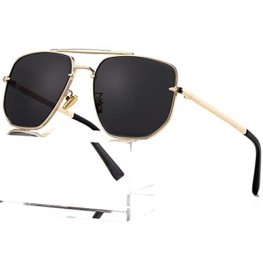 Imagem de AIEYEZO Óculos De Sol Aviador Quadrado Para Homens E Mulheres, Moda Vintage, Lentes Com Corte Diamante, Clássico, Militar, Piloto, Tons Degradê (Dourado/Cinza)