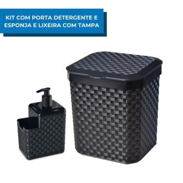 Imagem de Kit Porta Detergente e Esponja C/ Bico Dosador + Lixeira de Pia C/ Tam