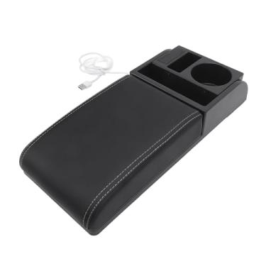 Imagem de Asixxsix Centro de Braço do Console do Centro de Carro, Protetor de Apoio de Braço de Couro Universal PU Com Porta -copos e Portas de Carregamento USB, Protetor de Apoio de Braço (linha branca)