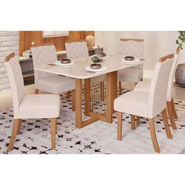 Imagem de Conjunto: Mesa de Cozinha Natali c/ Tampo Madeirado c/ Vidro Curvo 160x90cm e 6 Cadeiras Bella Nature/Linho - Henn
