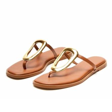 Imagem de Wnshonzy Chinelo feminino sem cadarço de couro para praia confortável aberto bico quadrado elegante decoração de ferragens de metal sapatos de verão moda casual, Marrom, 35