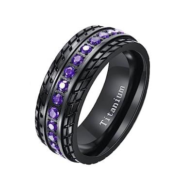 Imagem de ringcolor Anel masculino banhado a ouro preto 8 mm roxo AAA CZ aço titânio aliança de casamento masculina, 9, Strass, Zircônia cúbica