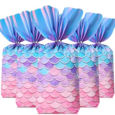 Imagem de Frienda 100 peças de lembrancinhas de festa de sereia - Sacos de celofane de fundo largo com 100 peças de laços torcidos prateados para artigos de festa de aniversário de sereia (estilo sonhador)
