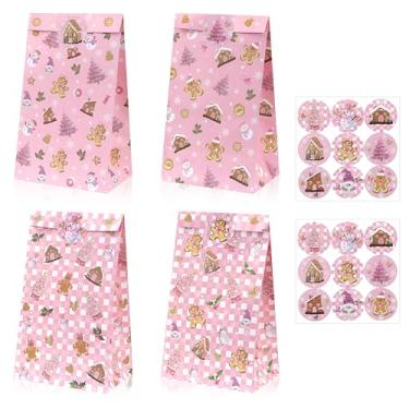 Imagem de Sacos de presente de Natal, 12 peças de sacolas de papel rosa para doces com 18 adesivos, pequena árvore de Natal, floco de neve, bolsa de presente com estampa de pão de gengibre para decoração de