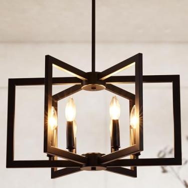 Imagem de Lustre preto moderno de 6 luzes, luminária geométrica para sala de jantar, luzes pendentes industriais, ilha de cozinha, lustre de casa de fazenda de metal suspenso para sala de jantar hall de entrada