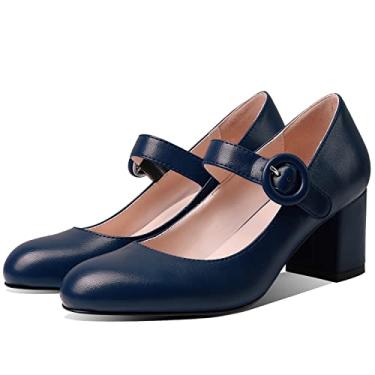 Imagem de MOOMMO Sandálias femininas clássicas de salto Mary Jane, salto alto, tira no tornozelo, fechada, bico redondo, salto grosso, salto alto, confortável, festa de casamento, noite, salto médio, básico