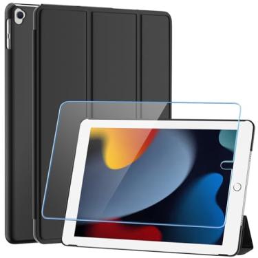 Imagem de SUPFINE Capa para iPad de 9ª geração de 10,2 polegadas 2021/iPad 8ª geração 2020/iPad 7ª geração 2019, [com protetor de tela de vidro] Capa inteligente com suporte fino translúcido na parte de trás, preta