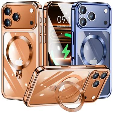 Imagem de [Anel de CD compatível com suporte invisível MagSafe] Capa magnética para iPhone 17 Pro Max, [amortecedor galvanizado que não amarela][parece um iPhone nu] Capa fina transparente com suporte para